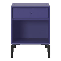 Purple nightstand with a textured finish and sleek black legs, featuring a minimalist design and single drawer.