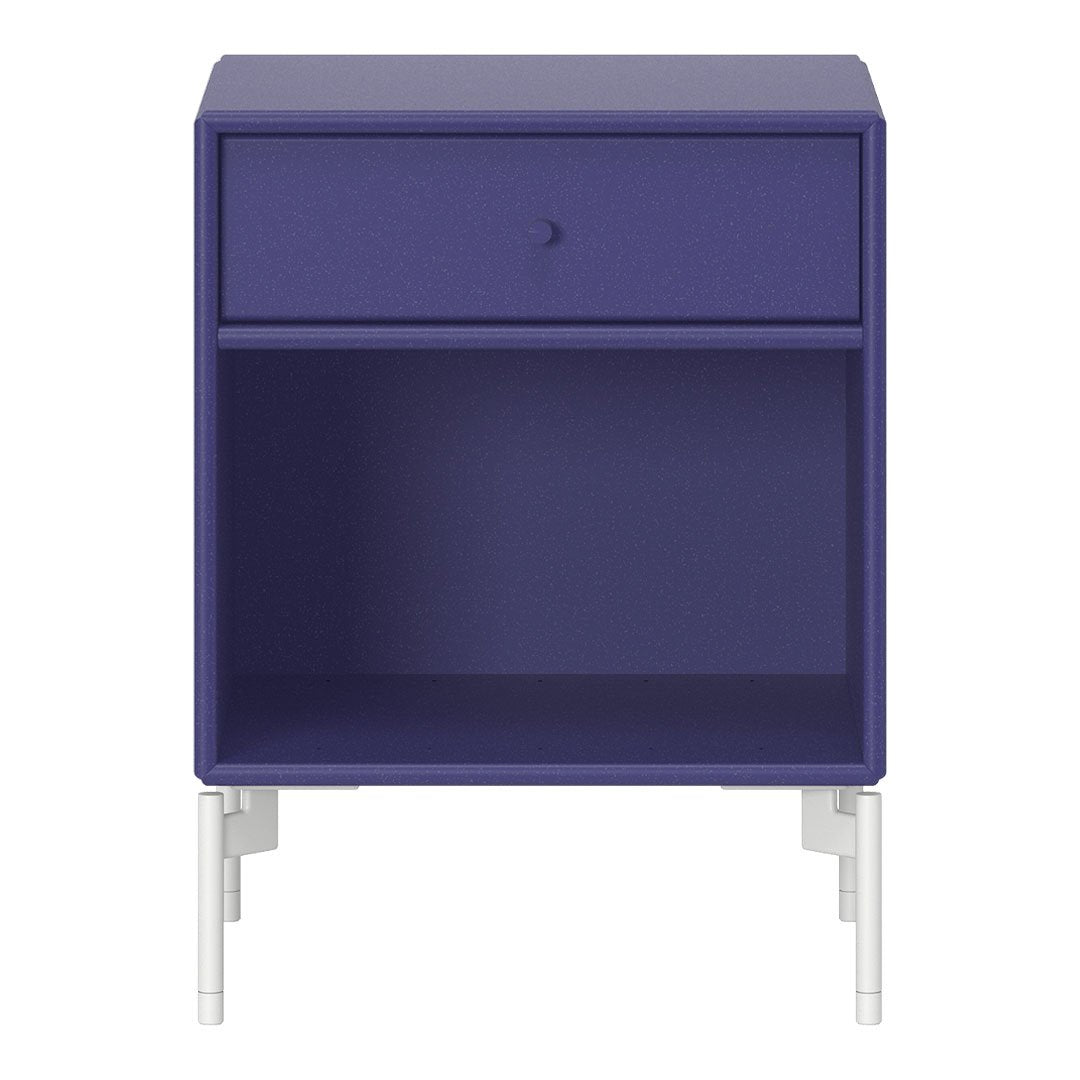 Modern purple nightstand with a textured finish and sleek white legs, featuring one drawer and open shelf.