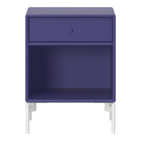 Modern purple nightstand with a textured finish and sleek white legs, featuring one drawer and open shelf.