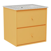 Bright yellow storage cabinet with a speckled gray countertop, featuring two drawers and simple round knobs.