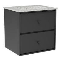 Black two-drawer cabinet with a speckled gray countertop. Modern design with sleek lines.
