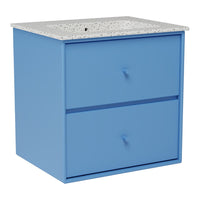 Blue two-drawer nightstand with a textured white speckled top, perfect for modern decor.