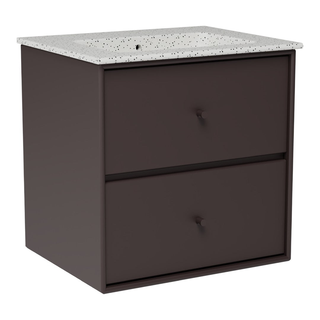 Dark brown nightstand with a speckled white countertop and smooth, modern lines. Perfect for any bedroom decor.