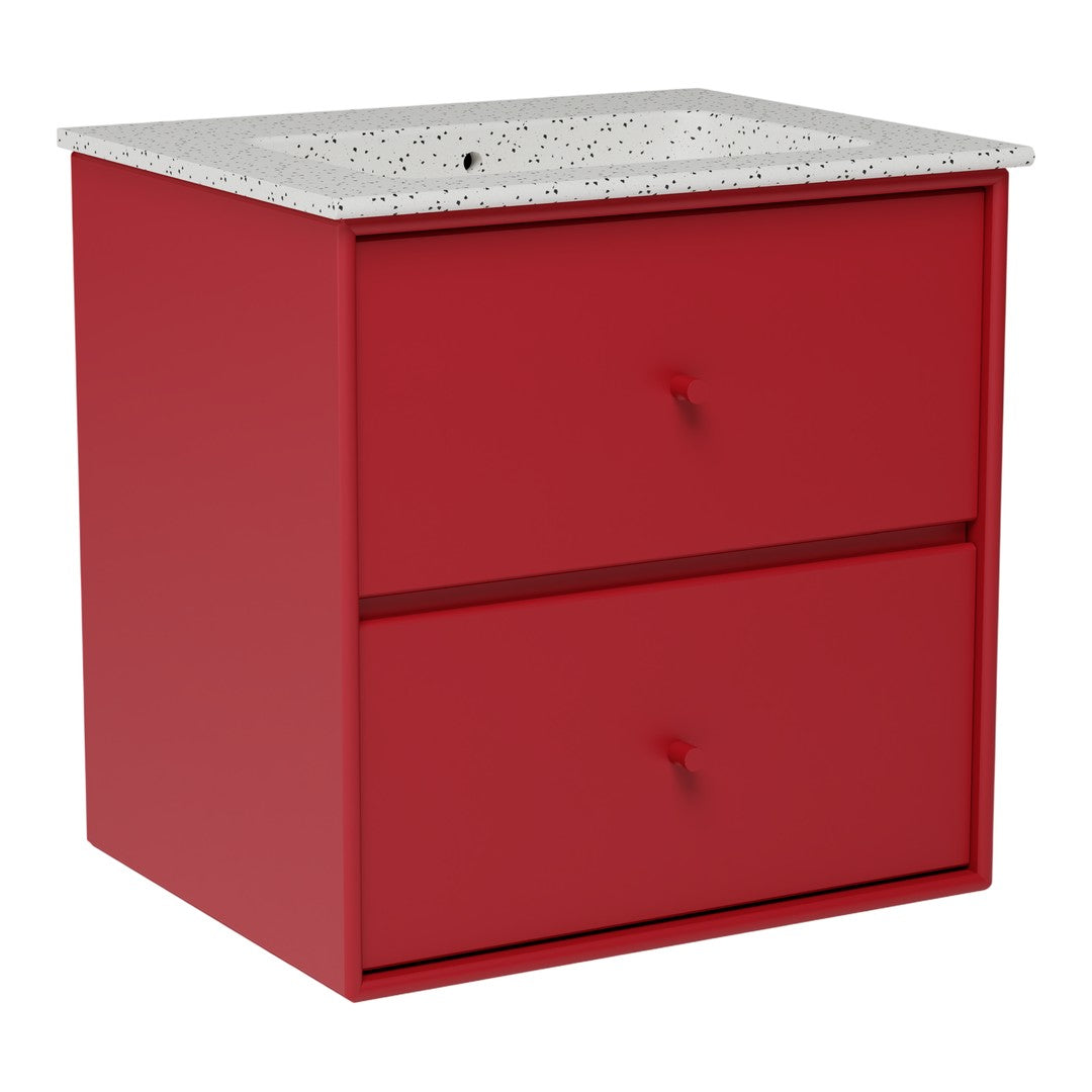 Red two-drawer nightstand with a speckled white top, offering a modern and vibrant look for any room.