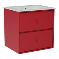 Red two-drawer nightstand with a speckled white top, offering a modern and vibrant look for any room.