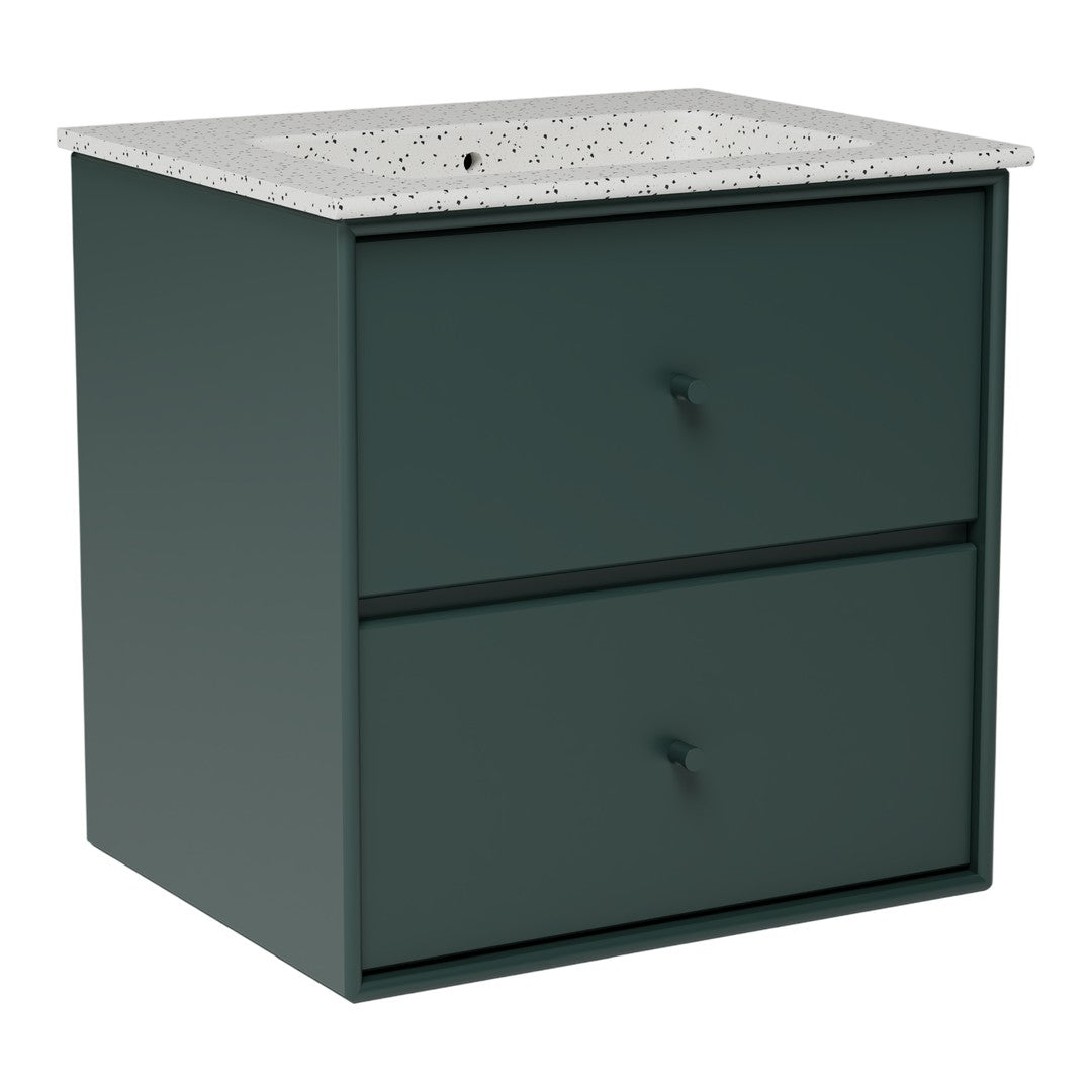Dark green storage cabinet with a speckled white countertop and smooth drawer fronts.