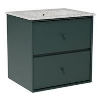 Dark green storage cabinet with a speckled white countertop and smooth drawer fronts.