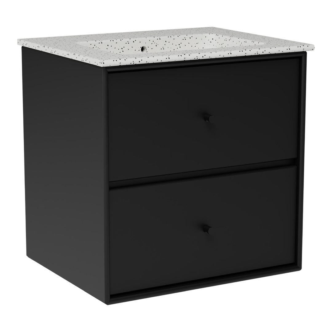 Black two-drawer nightstand with a speckled white granite top. Modern design with minimalist aesthetic.
