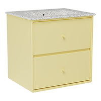 Yellow bedside table with a speckled gray top and two drawers. Minimalist design ideal for modern decor.