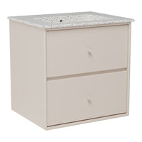 Light beige cabinet with two drawers and a speckled white countertop, offering a modern and minimalist design.
