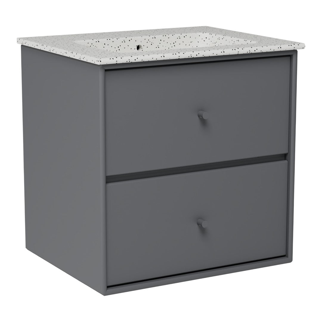 Gray two-drawer nightstand with a speckled white top. Modern design for versatile decor.