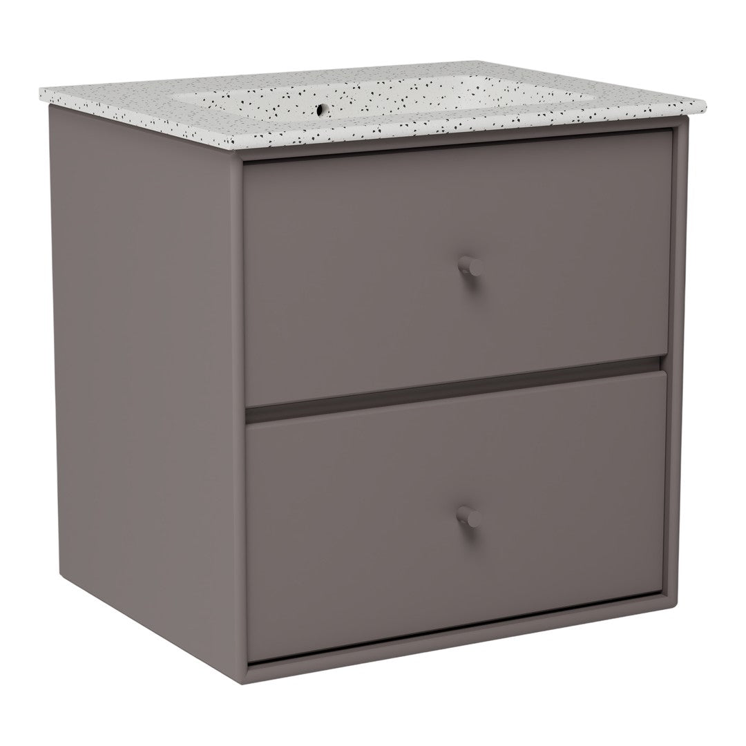 Gray two-drawer nightstand with a speckled white top. Modern design with a smooth finish. 