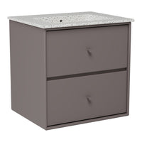 Gray two-drawer nightstand with a speckled white top. Modern design with a smooth finish. 