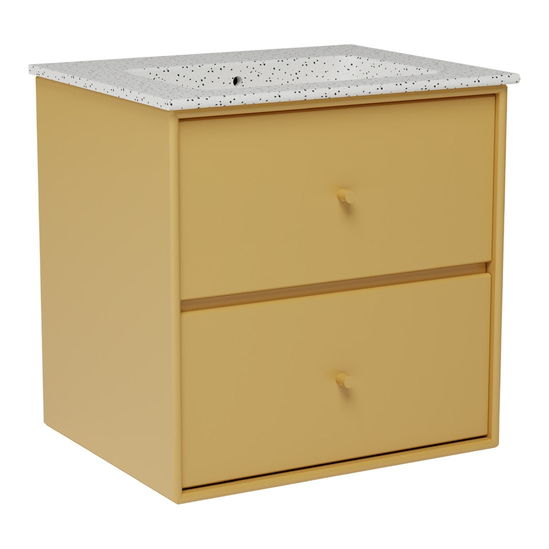 Yellow bedside table with two drawers and a speckled white top. Modern, stylish design for any bedroom decor.