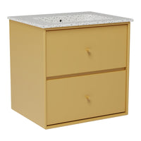Yellow bedside table with two drawers and a speckled white top. Modern, stylish design for any bedroom decor.
