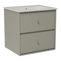 Light gray nightstand with a speckled white top and two smooth drawers. Modern and minimalist design.