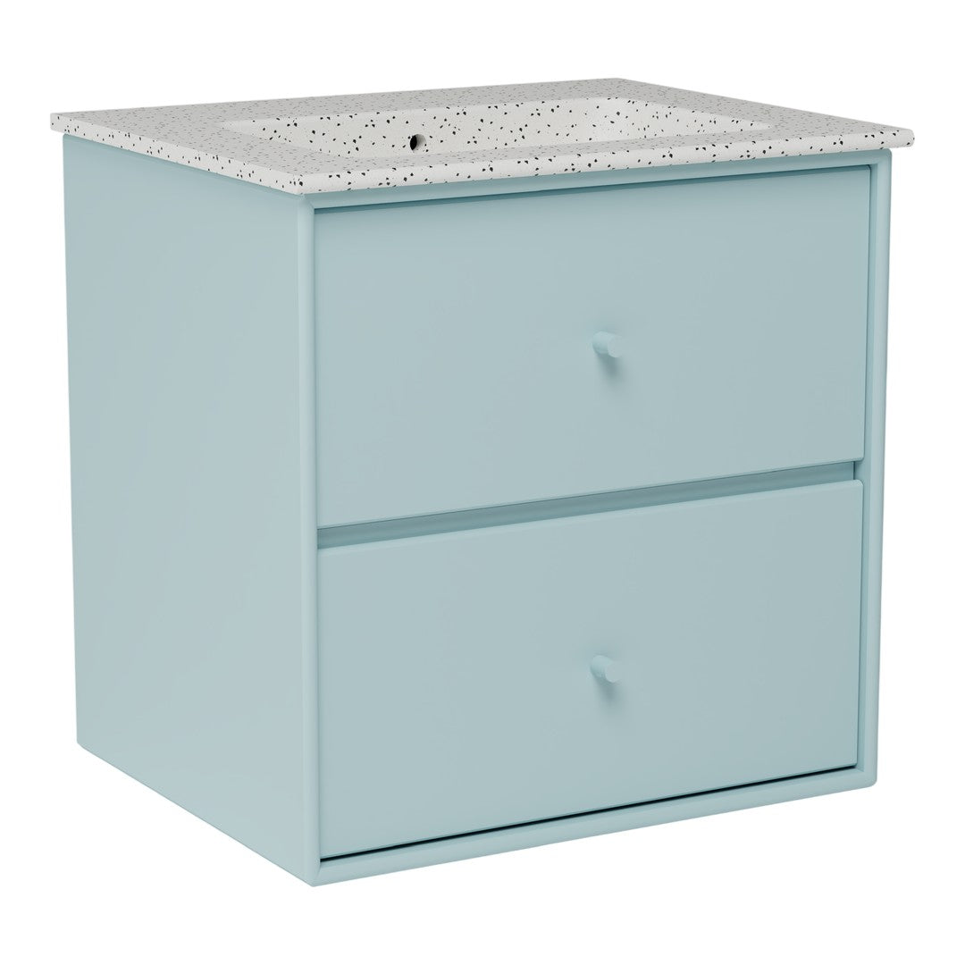 Light blue storage cabinet with a speckled white countertop, featuring two spacious drawers. Perfect for modern decor.