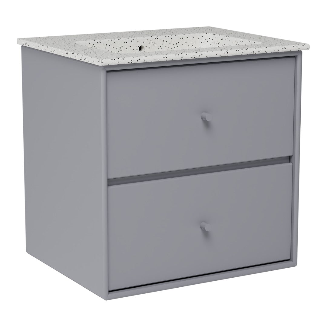 Gray wooden storage cabinet with a speckled white top and two smooth drawers. Ideal for modern home decor.