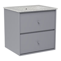 Gray wooden storage cabinet with a speckled white top and two smooth drawers. Ideal for modern home decor.