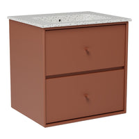 Rust-colored storage cabinet with a speckled white top, featuring two drawers and minimalist design.