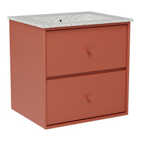 Rust-colored bedside table with a speckled white top and simple drawer pulls, perfect for modern decor.