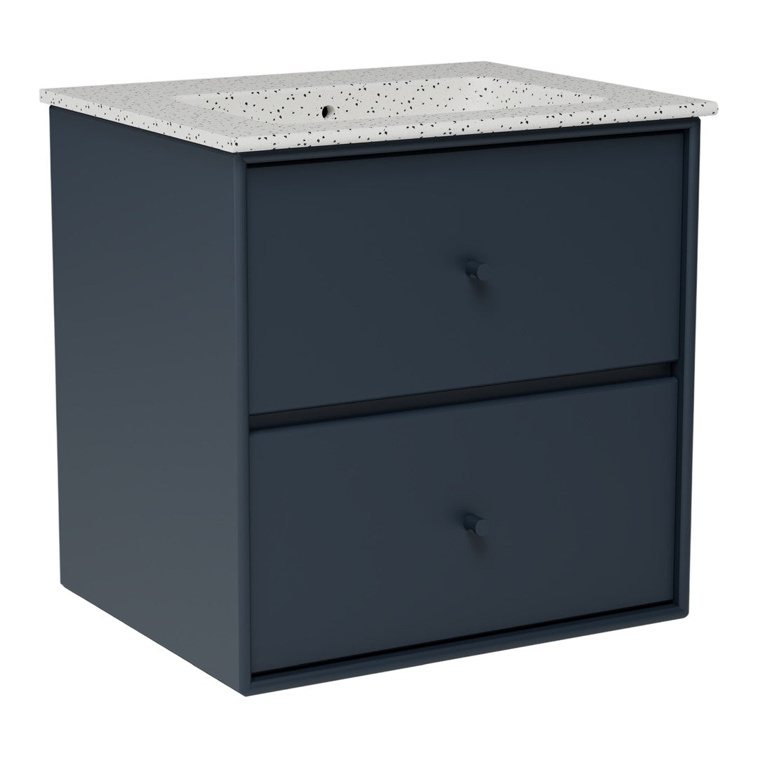 Dark navy blue bedside table with a speckled white countertop and two spacious drawers. Modern and stylish design.