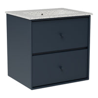 Dark navy blue bedside table with a speckled white countertop and two spacious drawers. Modern and stylish design.