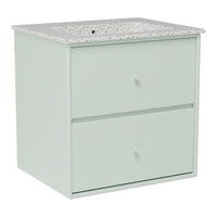 Mint green dresser with a speckled gray countertop, featuring two spacious drawers for storage.