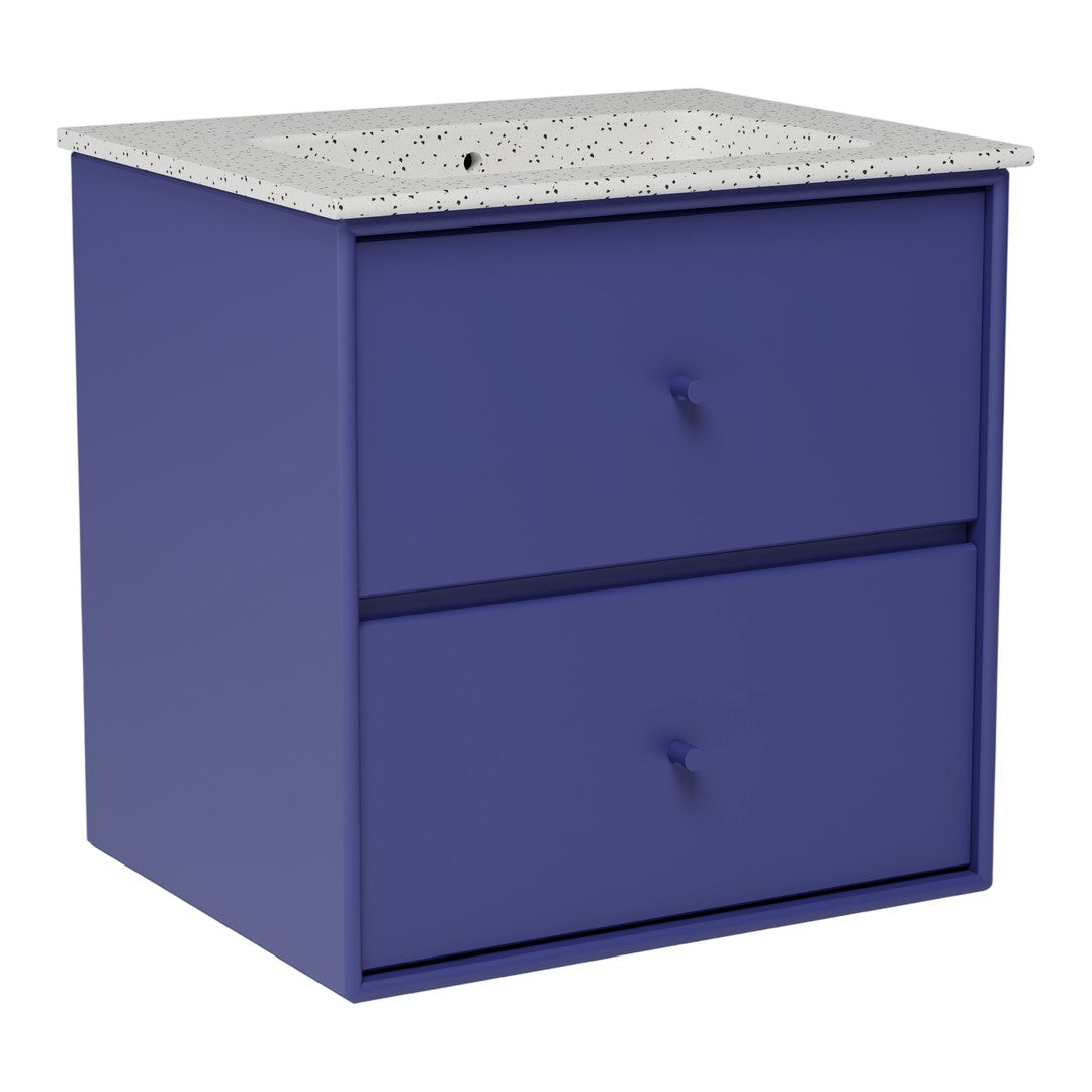 Purple two-drawer nightstand with a speckled white top, offering a modern and stylish design.