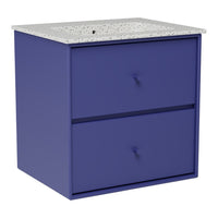 Purple two-drawer nightstand with a speckled white top, offering a modern and stylish design.
