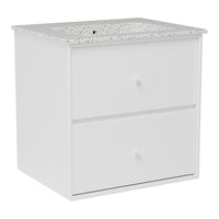 White two-drawer nightstand with a patterned top surface and smooth white knobs for a modern look.