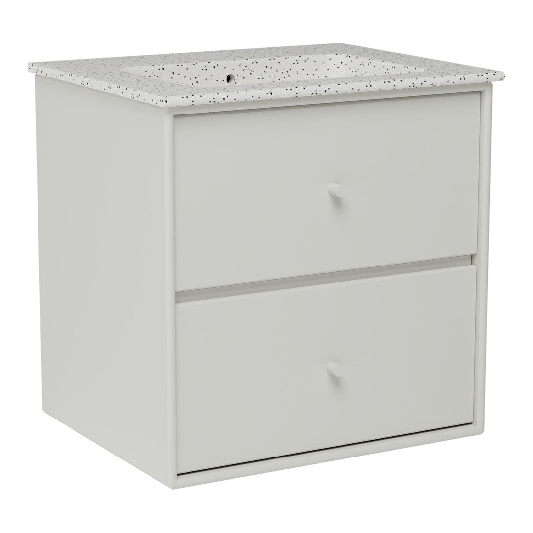 White dresser with a speckled gray countertop and simple, modern drawer design. Ideal for any decor style.