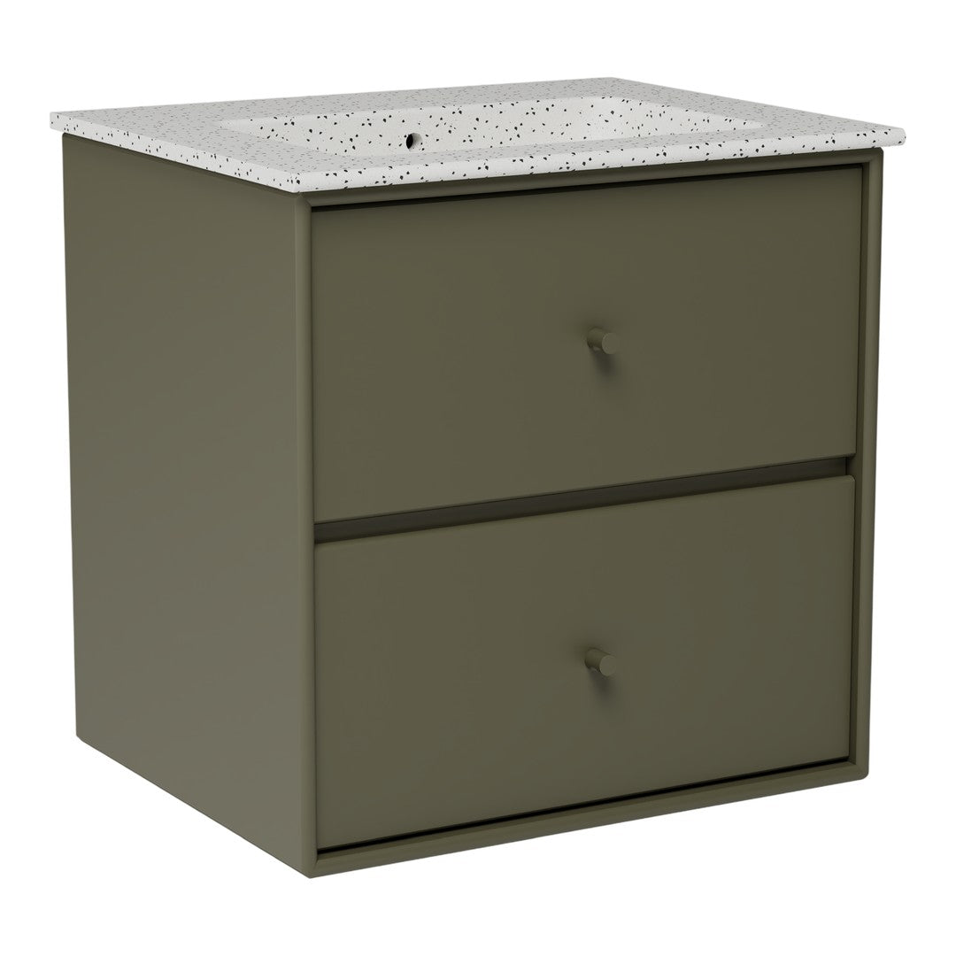 Olive green bedside table with a speckled white top and two pull drawers. Modern and stylish design for any bedroom.