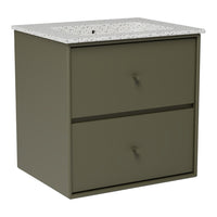 Olive green bedside table with a speckled white top and two pull drawers. Modern and stylish design for any bedroom.
