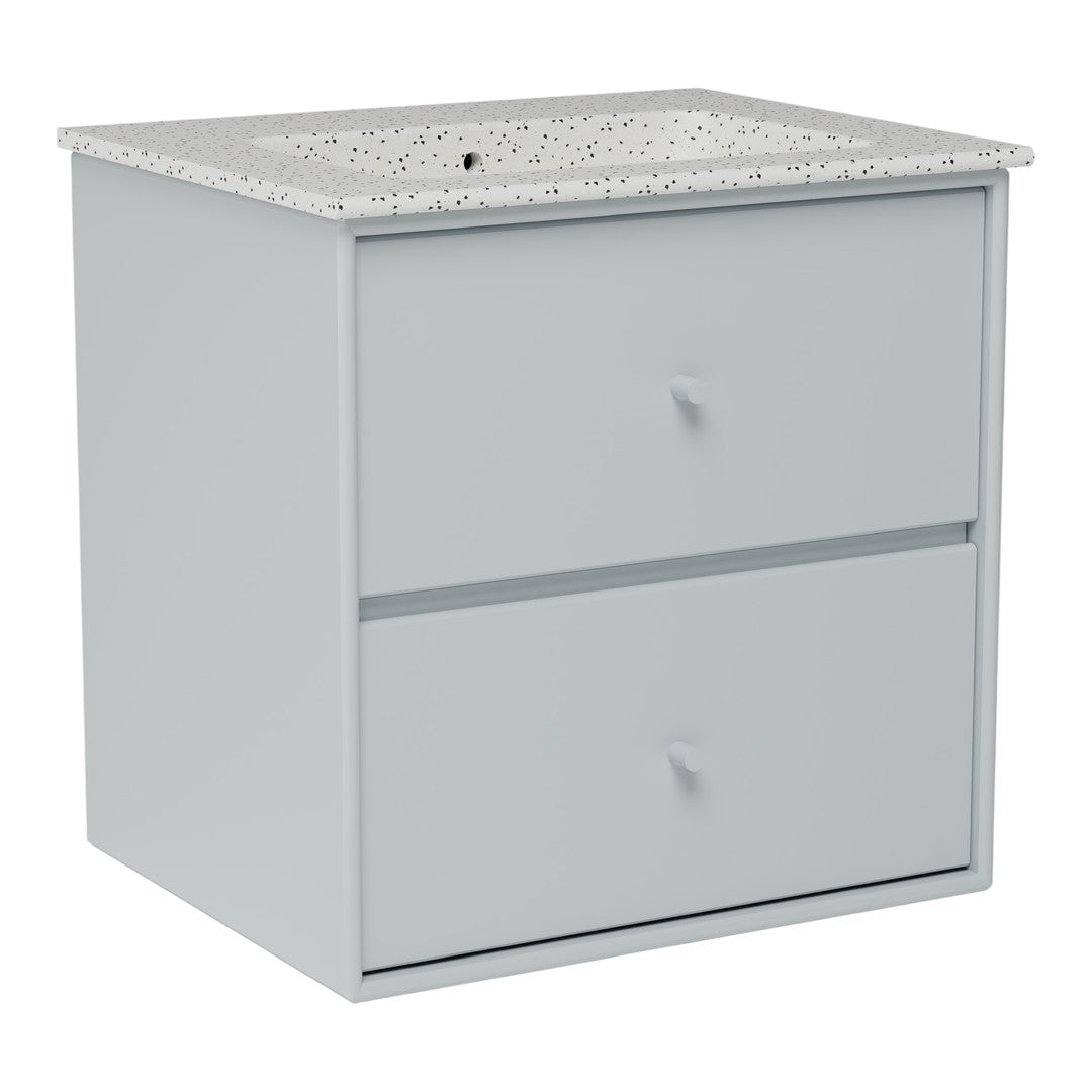 Light gray vanity cabinet with a speckled white countertop and clean lines. Two spacious drawers for storage.