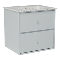 Light gray vanity cabinet with a speckled white countertop and clean lines. Two spacious drawers for storage.