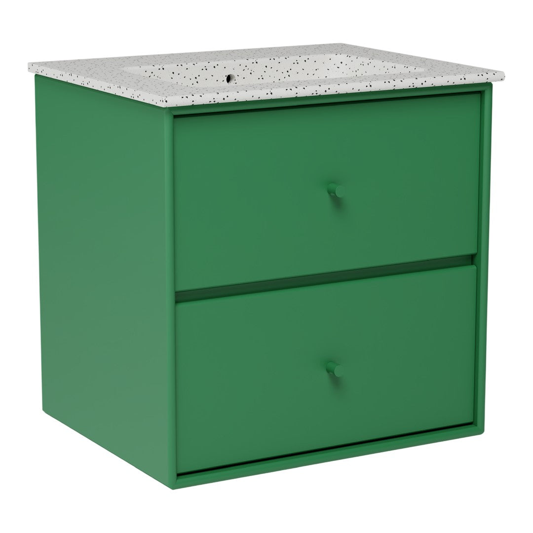 Green two-drawer cabinet with a speckled white top, perfect for modern decor.