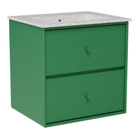 Green two-drawer cabinet with a speckled white top, perfect for modern decor.