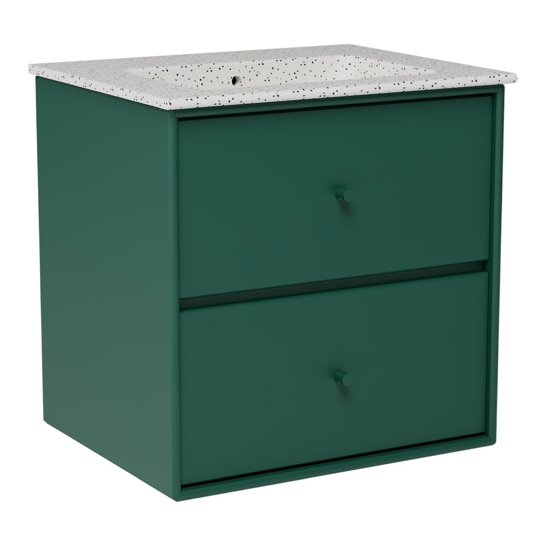 Green two-drawer nightstand with a speckled white top, featuring a modern minimalist design and smooth finish.