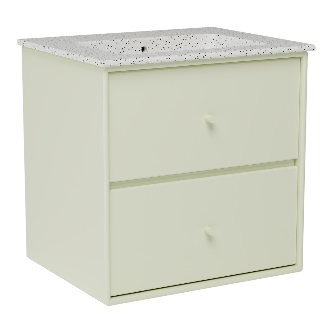 Light green two-drawer cabinet with a speckled white countertop pattern. Ideal for stylish storage solutions.