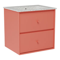 Coral pink bedside table with two drawers and a speckled white top, perfect for modern decor.