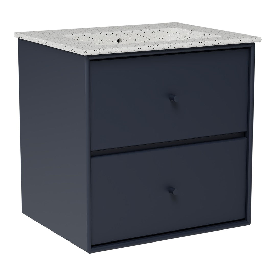 Navy blue two-drawer nightstand with a speckled white top. Modern design with sleek handles. Perfect for any room.