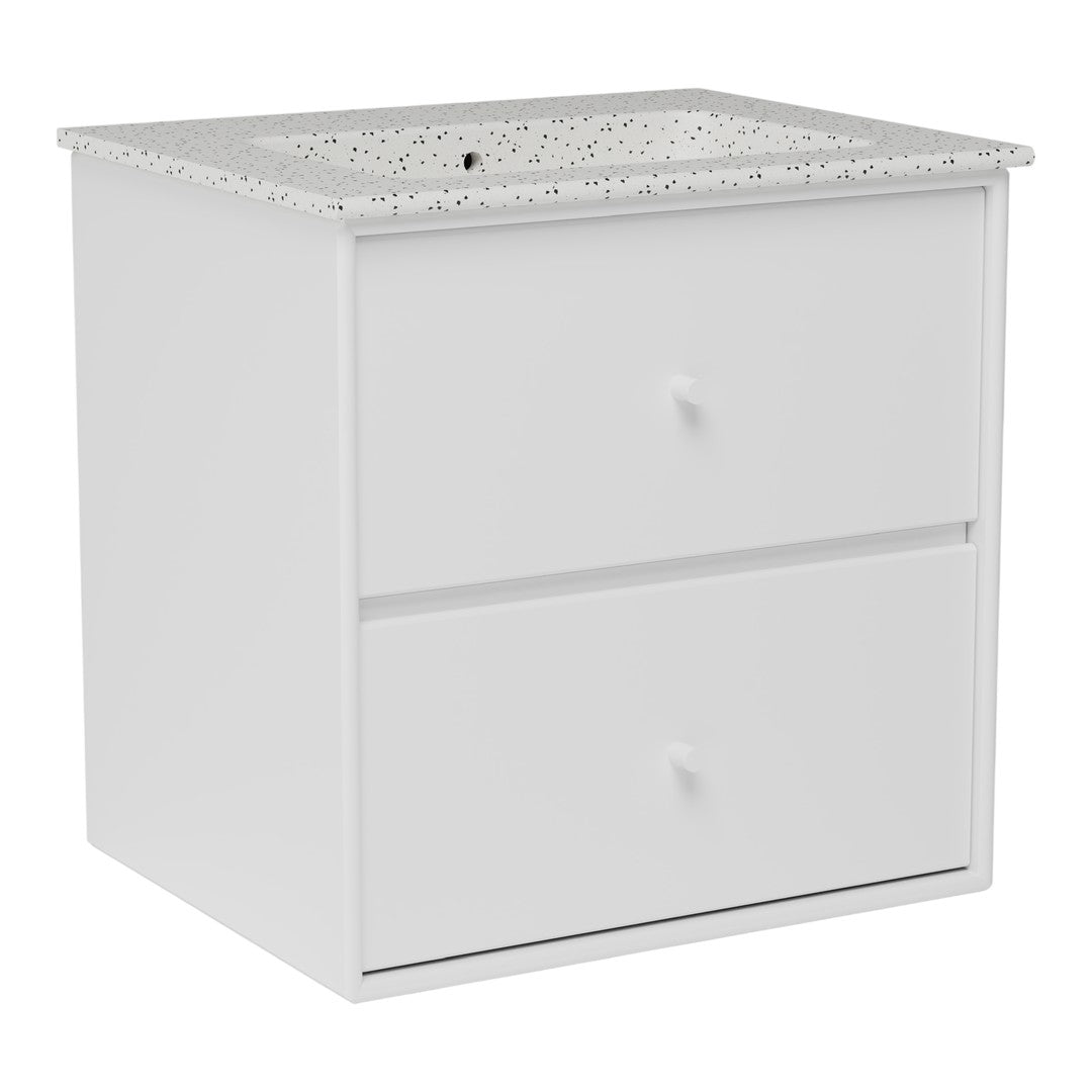 White two-drawer cabinet with a lace-patterned top, perfect for modern decor.