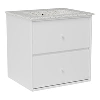 White two-drawer cabinet with a lace-patterned top, perfect for modern decor.