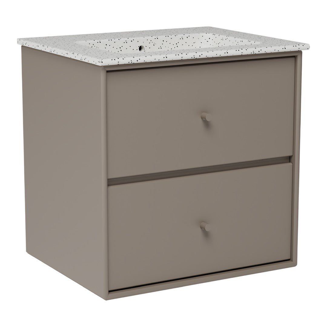Gray two-drawer cabinet with a speckled white countertop design. Modern and stylish storage solution.