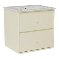 Cream-colored cabinet with a speckled white top and two smooth drawers. Minimalist design for any space.