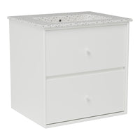 White cabinet with two drawers and a textured gray patterned top. Modern and minimalist design.
