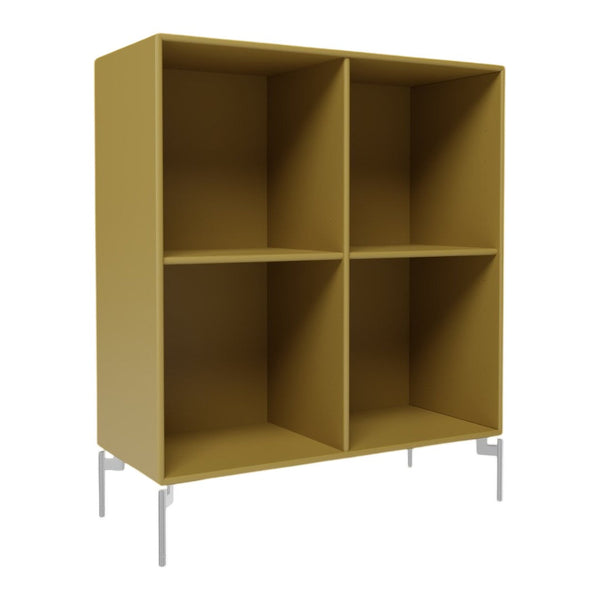 Modern yellow bookshelf with four open compartments and sleek silver legs. Perfect for stylish storage solutions.