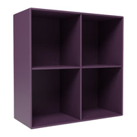 "Purple storage cubby with four open compartments, featuring a smooth matte finish."