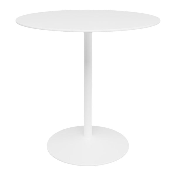 Round white table with a smooth finish and a minimalist design, featuring a sleek round base and pedestal stand.
